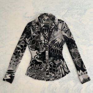 Cache Black & White Mesh Sheer Floral Retro Collared Pearl Snap Ruched Blouse